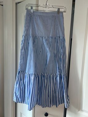 J. Crew Blue and White Striped Tiered Maxi Skirt